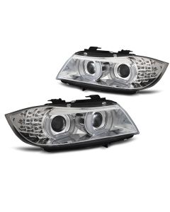 XENON Фарове  с ангелски очи LED DRL хром за BMW E90/E91 09-11