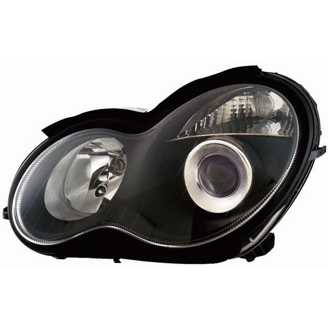 Кристални фарове за Mercedes C class 2000-2004 - Черни  с лупи и Angel Eyes