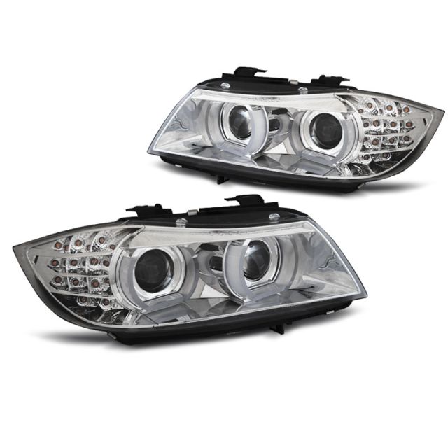 XENON Фарове  с ангелски очи LED DRL хром за BMW E90/E91 09-11